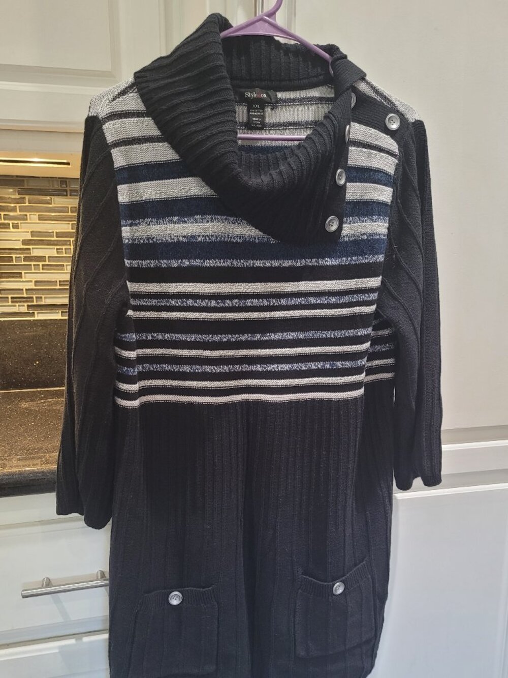 Style & Co Button Cowl Neck 3/4 Sleeve Ribbed Tunic Black/Navy/Gray Sweater XXL